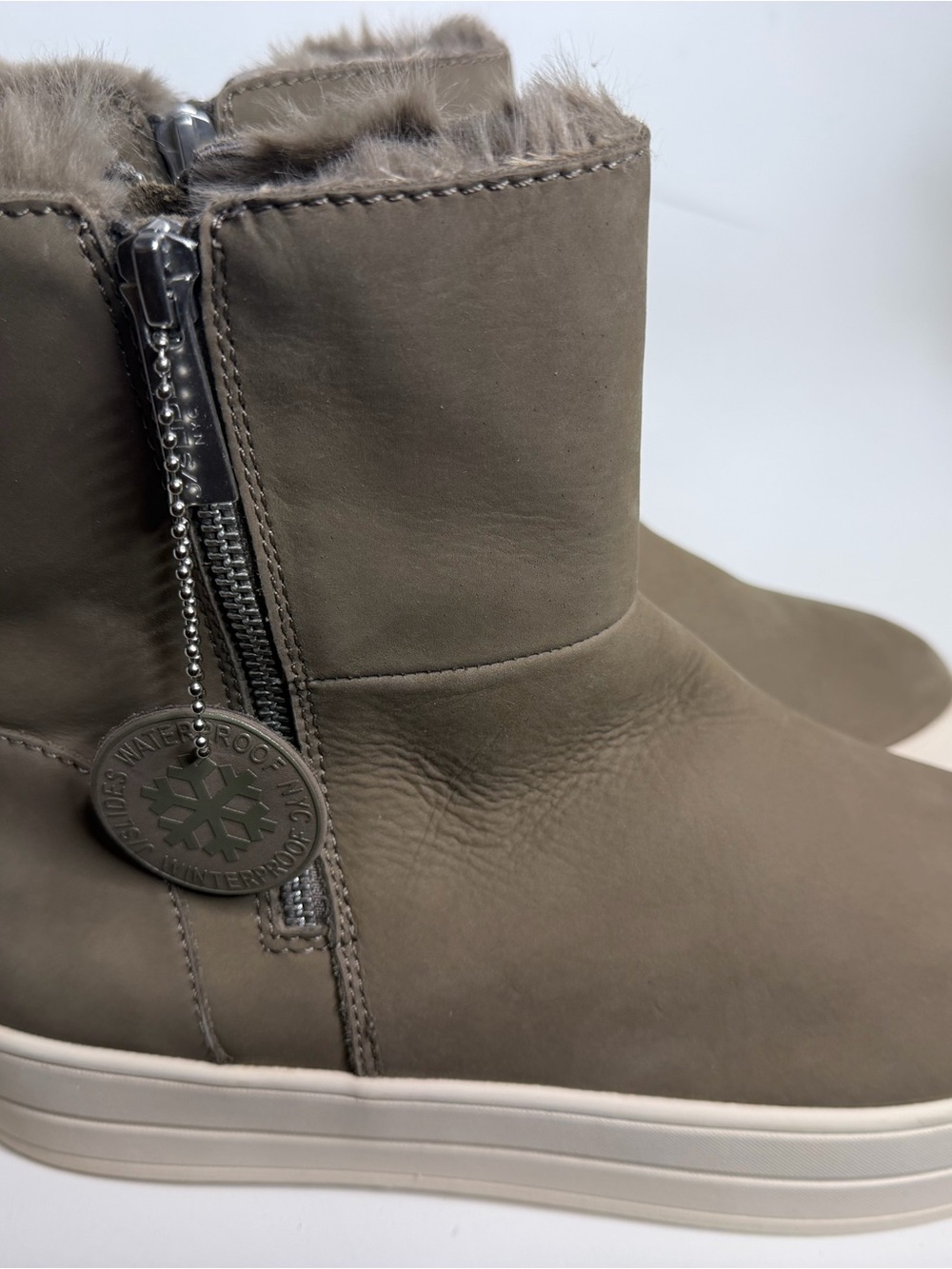 J Slides Taupe Fur-Lined Waterproof Ankle Booties with Side Zipper Pull